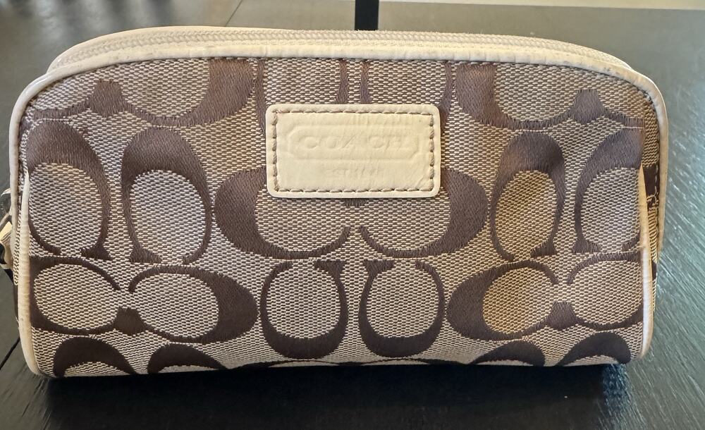 Coach Signature Tan And Brown Canvas Cosmetic Makeup Pouch